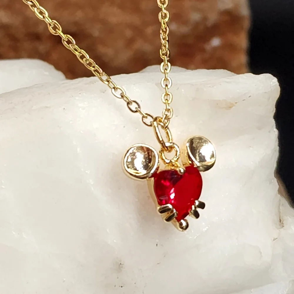 Mickey Mouse Red Heart Swarovski Crystal Luxury 14K Gold Plated Chain